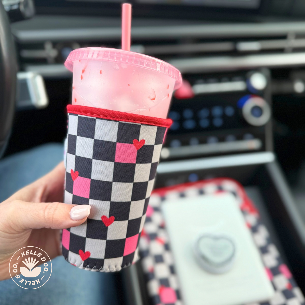 Checkered hearts Coffee Sleeve | Reusable Cup sleeve | cups